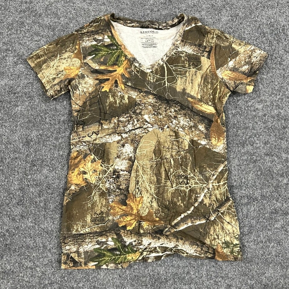 Lincoln Outfitters Shirt Womens Size L Brown Realtree Camo V-Neck Cotton Tee